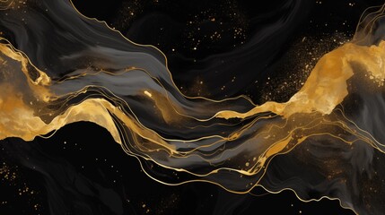 A mesmerizing blend of gold abstract patterns on a black marble background, creating a luxurious...