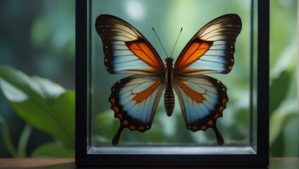 Beautiful butterfly preserved in a glass frame.