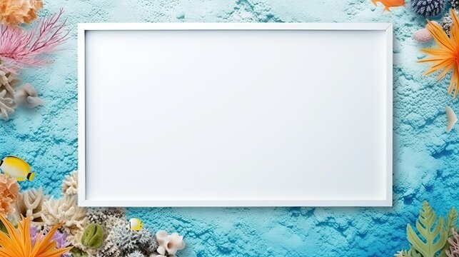 Empty photo frame on a marine background with aquarium algae. AI generated. A mockup in a tropical reef style. Natural Business template for vacations and beach holidays