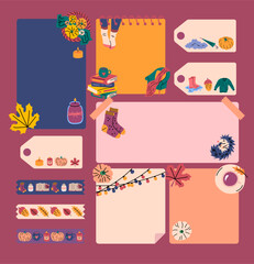 Vector autumn vibes planner notes, washi tapes and tags set. Collection of autumn season digital planner decor with pumpkin, sweater, pile of books, warm socks. Tags with armchair, acorn, cup of tea