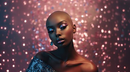 Bald african american woman in neon glowing background. portrait of glamour female with pink makeup, beautiful young futuristic model. Modern trendy fashion party. AI generated, posing person - obrazy, fototapety, plakaty