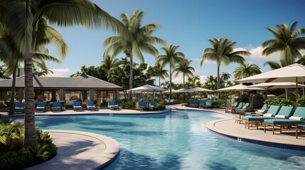 Picturesque Relaxation at DQ Outdoor Pool Under Summer Sun: Tropical Foliage, Cozy Cabanas and Refreshing Azure Pool