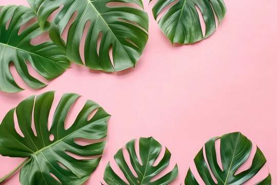 tropical leaves Monstera on pink background. Flat lay, top view. generative ai.