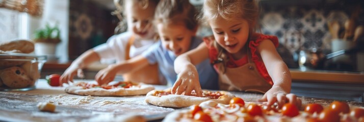 Making Pizza with Happy Children, Fun Cooking Pizza Together in Modern Home, Copy Space