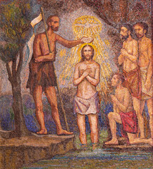 MILAN, ITALY - MARCH 8, 2024: The mosaic Baptism of Jesus in the church Chiesa di Santi Quattro...