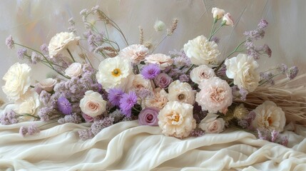 a bouquet of flowers sitting on top of a white cloth covered table cloth on top of a white table cloth.