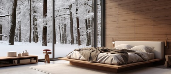 Simple bedroom with large window and cozy bed