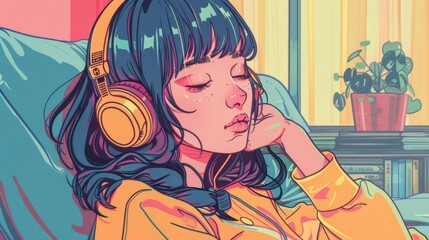 Charming Anime Girl Wearing Headphones and Enjoying Lo-fi Hip Hop Music, Relaxing Manga Cartoon Drawing Illustration