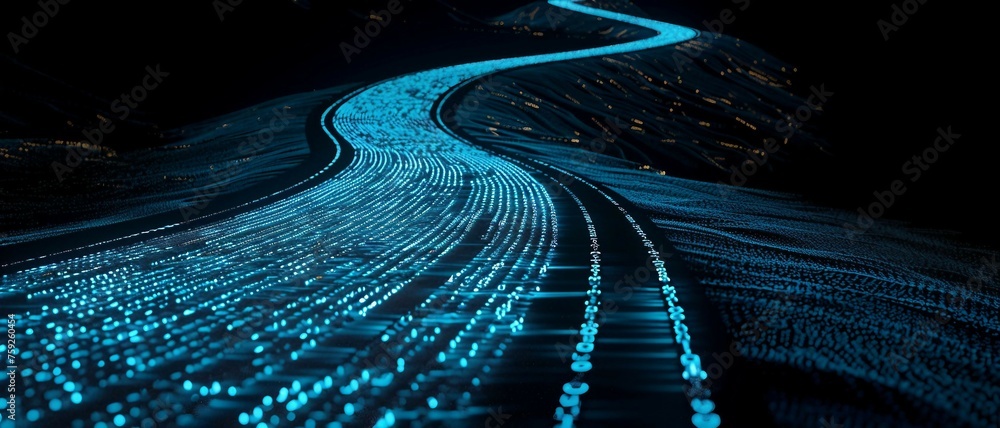Poster digital road illuminated by blue matrix of binary code. digital winding road isolated on black backg