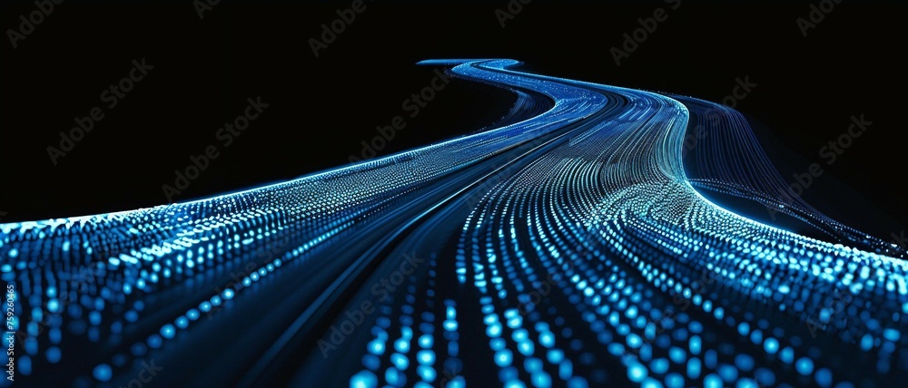 Poster digital road illuminated by blue matrix of binary code. digital winding road isolated on black backg