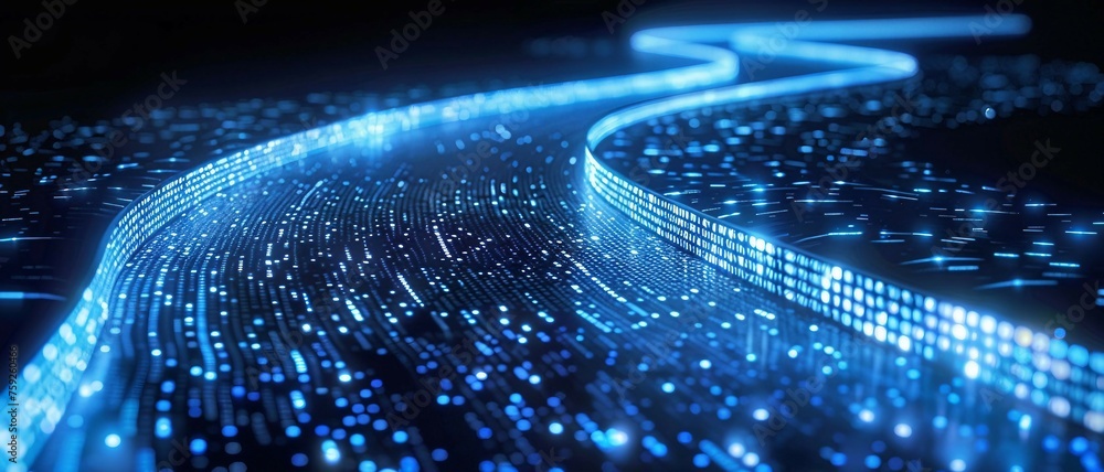 Poster digital road illuminated by blue matrix of binary code. digital winding road isolated on black backg