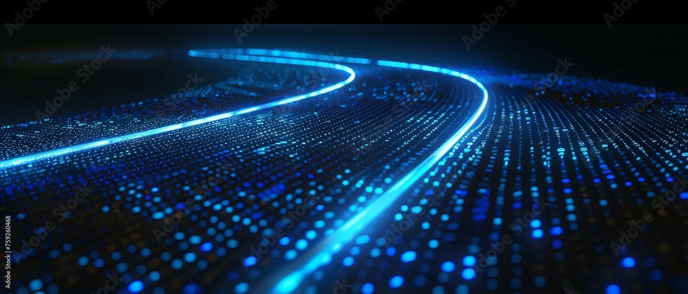Poster digital road illuminated by blue matrix of binary code. digital winding road isolated on black backg