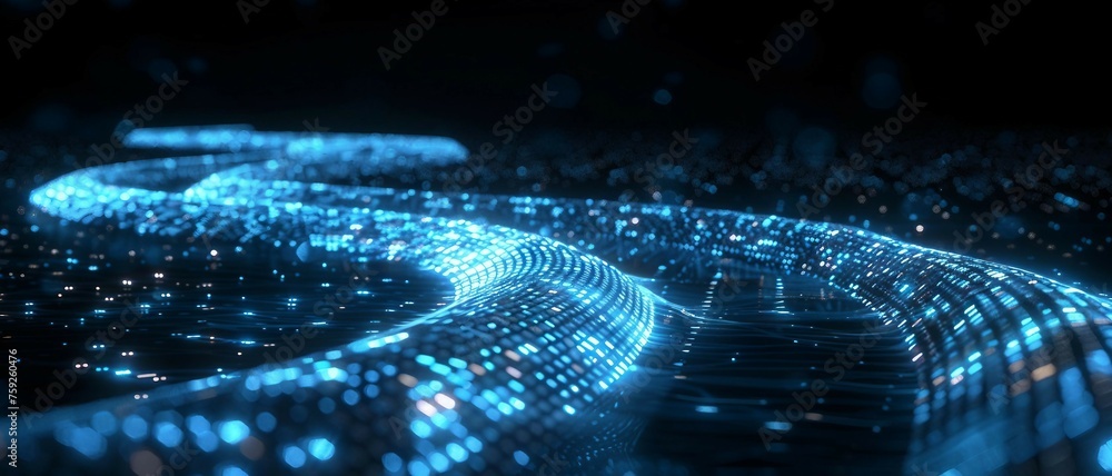 Poster digital road illuminated by blue matrix of binary code. digital winding road isolated on black backg