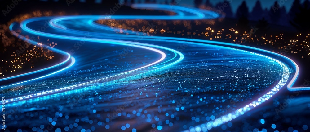 Poster digital road illuminated by blue matrix of binary code. digital winding road isolated on black backg