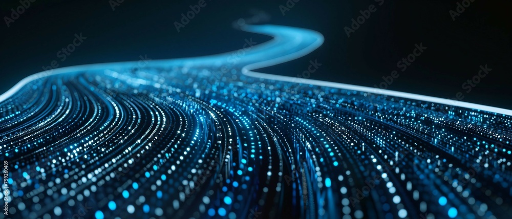 Poster digital road illuminated by blue matrix of binary code. digital winding road isolated on black backg