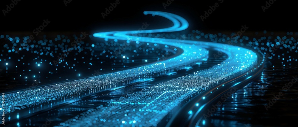 Poster digital road illuminated by blue matrix of binary code. digital winding road isolated on black backg