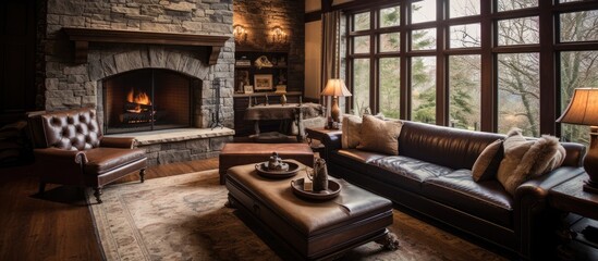 Elegant living room featuring a stone fireplace, leather sofas, cherry hardwood, and a quality rug.