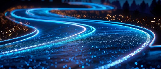 Naklejka premium digital road illuminated by blue matrix of binary code. digital winding road isolated on black background. 