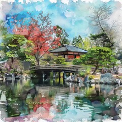 Japanese Spring Garden Landscape Painting, Japan Garden Watercolor Tradition Draw, Copy Space