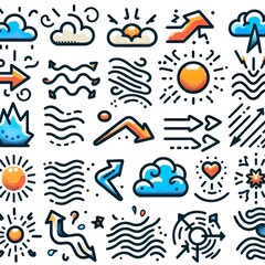 Movement and motion lines, arrows, curve waves and boom puff, vector icons. Cartoon FX effect and abstract linear symbols of explosion cloud, curly spiral and zigzag arrow pointer with sun and circles
