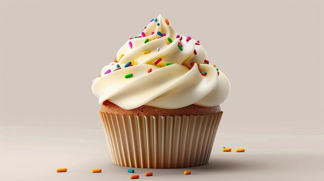Delectable cupcake with creamy frosting and sprinkles on a pristine white background, realistic digital illustration