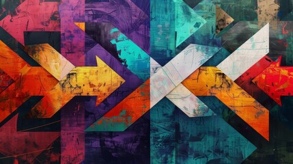 Dynamic arrows pointing in various directions, a thought-provoking digital painting symbolizing life's choices and decision-making challenges - obrazy, fototapety, plakaty