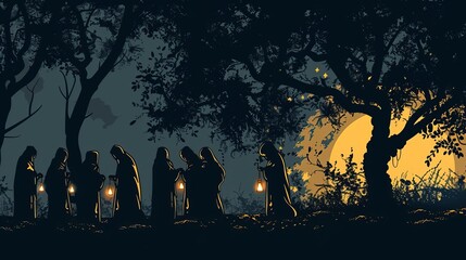 Evocative silhouette illustration depicting the parable of the ten virgins waiting with their lamps, a powerful biblical story - obrazy, fototapety, plakaty
