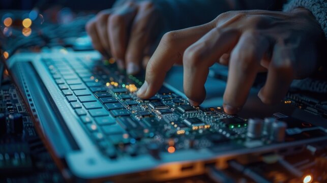 Portrait hand of software engineer working on laptop with circuit board. AI generated image
