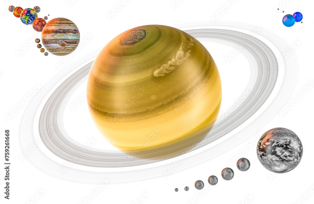 Poster saturn and satellites with realistic texture and solar system, 3d rendering isolated on transparent 
