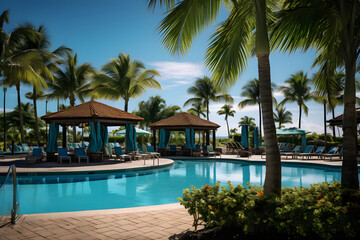 Picturesque Relaxation at DQ Outdoor Pool Under Summer Sun: Tropical Foliage, Cozy Cabanas and Refreshing Azure Pool