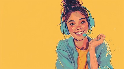 Portrait of a cheerful young woman working as a call center operator, wearing headphones and holding a microphone, smiling at the camera, digital illustration