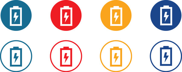 Collection of battery charge icons, first row solid, second row outlined,  featuring central white battery silhouette with lightning symbol, indicative of energy or charging, for user interfaces.
