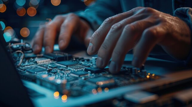 Portrait hand of software engineer working on laptop with circuit board. AI generated image