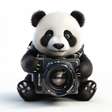 A 3D panda takes a photo with a professional camera on a white background