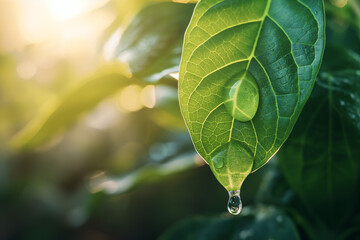 a clean drop of water flows down a young fresh green leaf just after the rain, eco theme, generative AI - Powered by Adobe