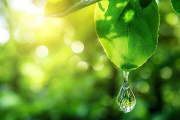 a clean drop of water flows down a young fresh green leaf just after the rain, eco theme, generative AI