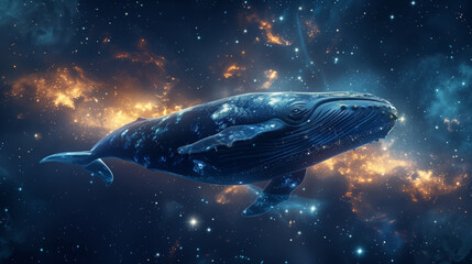 Fototapeta premium Space background, big whale swimming in space on the background of the universe with twinkling stars, screensaver for meditation, relaxation