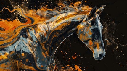 Surreal Metallic Horse Texture Painting, Abstract Animal Digital Artwork