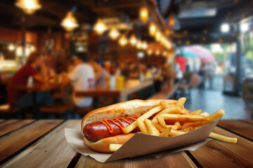 juicy hot dog with sausage and french fries lie on a wooden table in a fast food restaurant, generative AI - obrazy, fototapety, plakaty