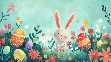 Fototapeta na wymiar Whimsical Spring-Themed Digital Illustration Featuring Colorful Easter Eggs, Playful Bunnies, and Blooming Flowers, Creating a Festive and Joyful Holiday Background
