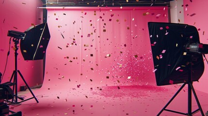 confetti arrangement on a bold pink background, generative ai