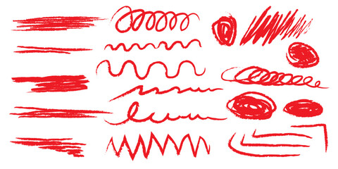 Crayon brush stroke red underline. Chalk pen highlight stroke. Vector hand drawn brush underline element set for accent, crayon texture emphasis element. Red chalk vector
