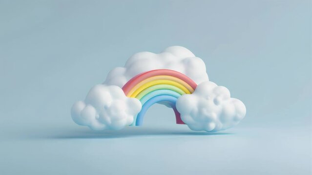  minimalist rainbow between clouds on a clear sky. Conceptual art for creativity, imagination, and childhood dreams for poster and background design