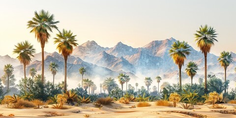 A picturesque desert landscape with rugged mountains, palm trees, and a vibrant natural beauty. - obrazy, fototapety, plakaty