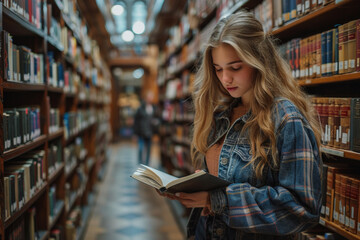 A young woman deeply engaged in her studies amidst shelves of books in a university library.