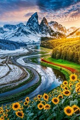 Alpine Serenade - Blossoming Sunflowers at the Foot of Snow-Capped Mountains