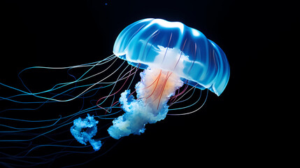 Obraz premium Glowing jellyfish swim deep in the ocean