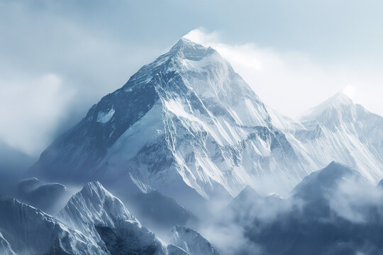snow-covered mountains Mount Everest in the clouds, generative AI
