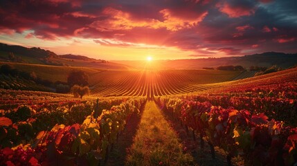 The sun is setting over a vineyard, casting a warm glow on the rows of grapevines.