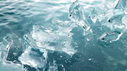 Fragments of transparent ice float in sea water. 3D rendering. AI generated image